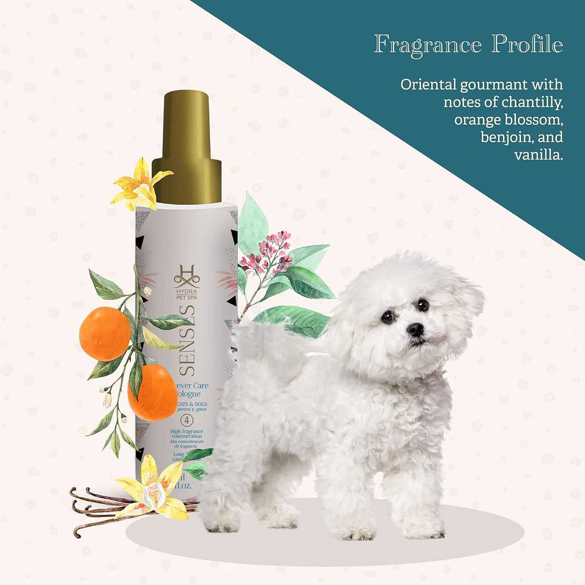 High concentration pet fragrance bottle showing the premium Oriental Gourmand ingredients profile.