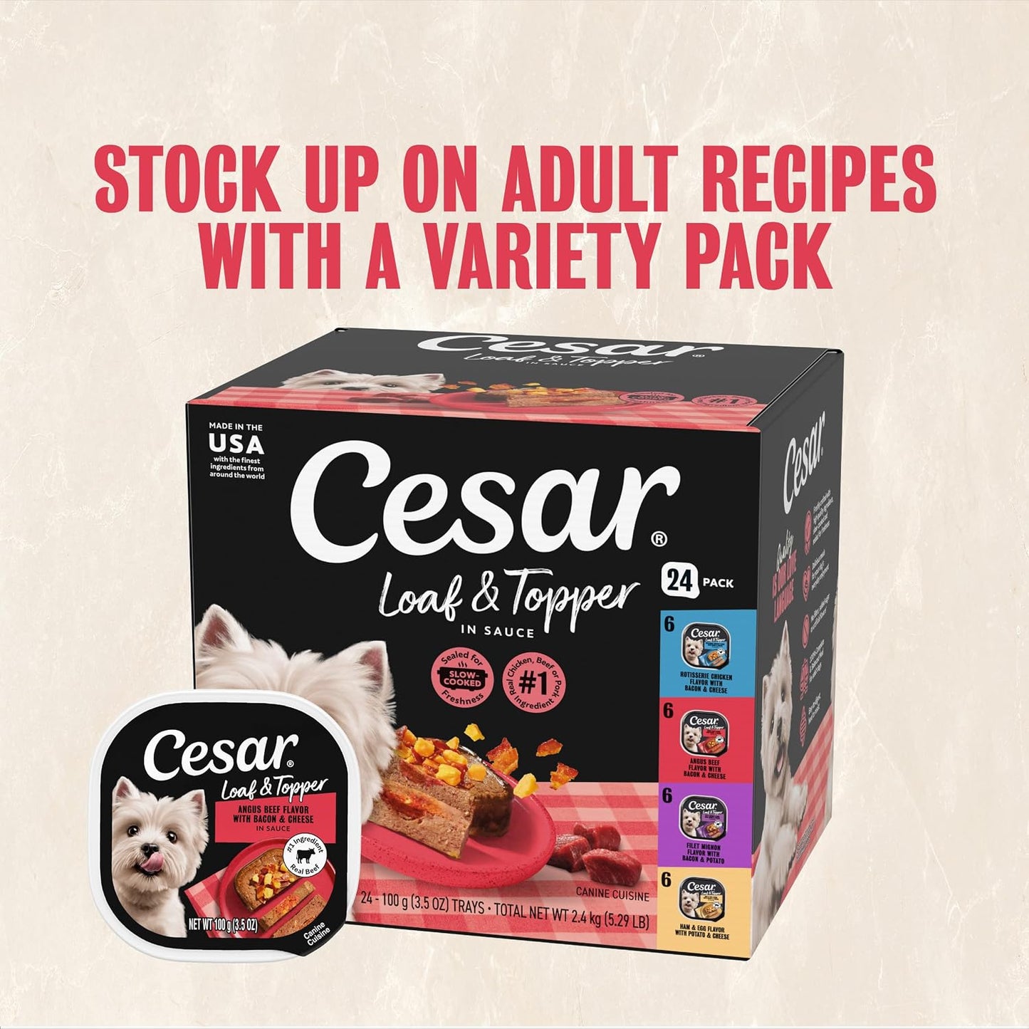 Cesar Loaf in Sauce Wet Dog Food Rotisserie Chicken, Filet Mignon, Angus Beef, and Ham & Egg Flavors Variety Pack, 3.5 oz. Easy Peel Trays (24 Count, Pack of 1) - Image 13
