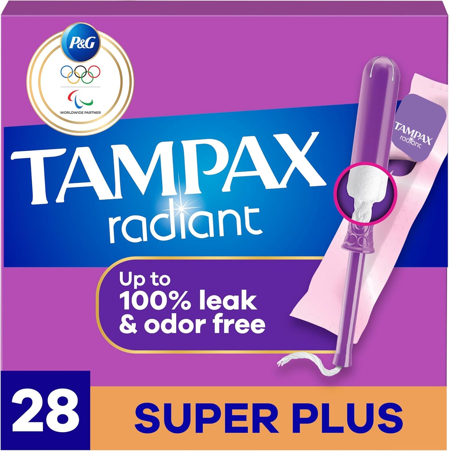 Tampax Radiant Super Plus 28 Count box front view for heavy period protection.