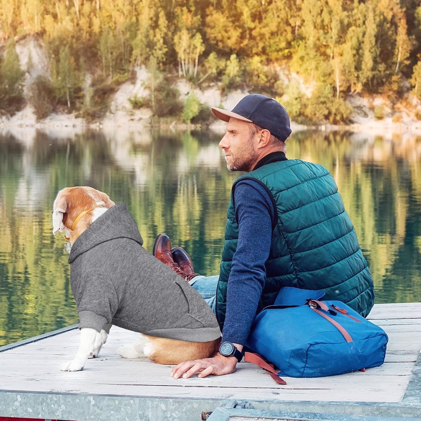 QDYU brushed fleece pet sweatshirt grey medium back view showing functional pocket