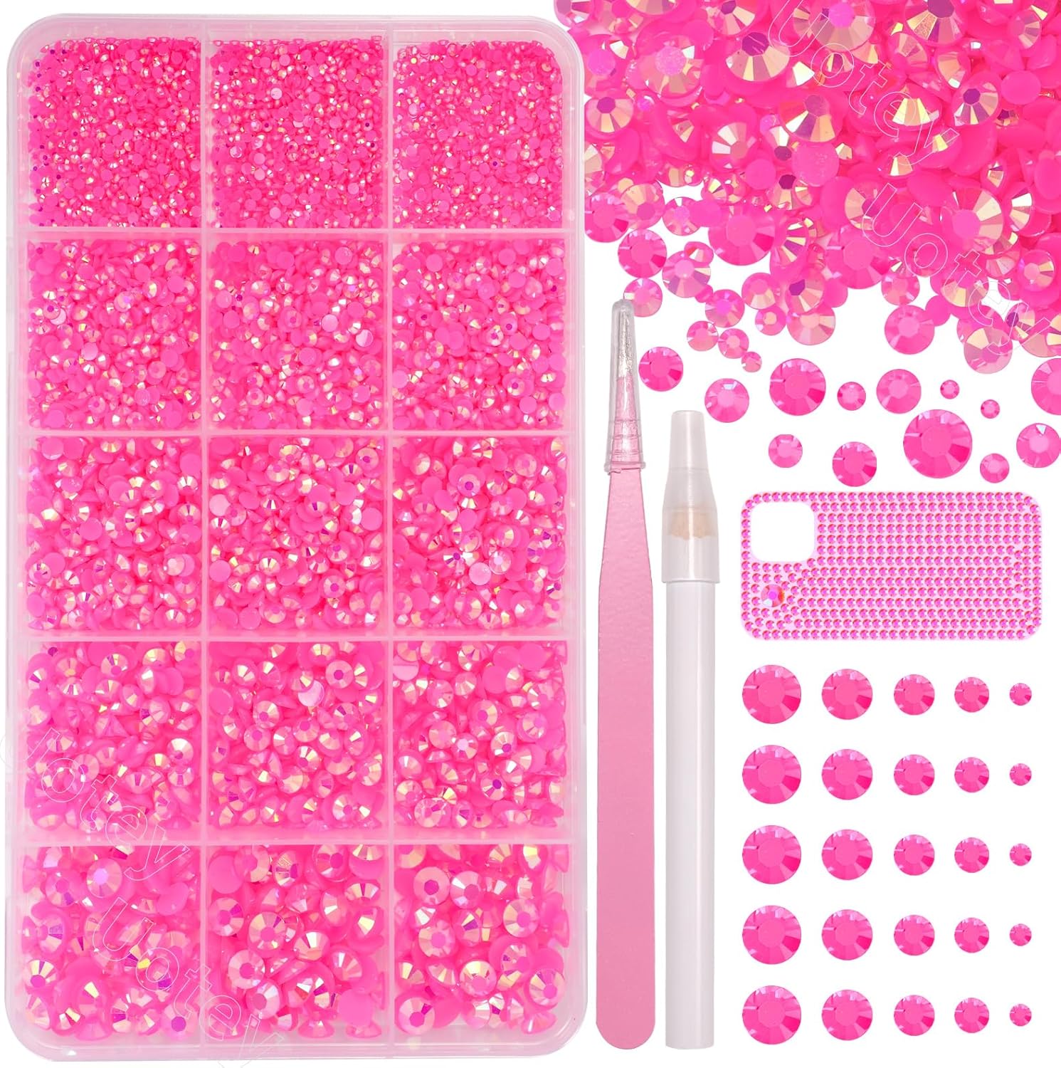 Uotey 16000 pieces hot pink resin rhinestones kit front view for crafts