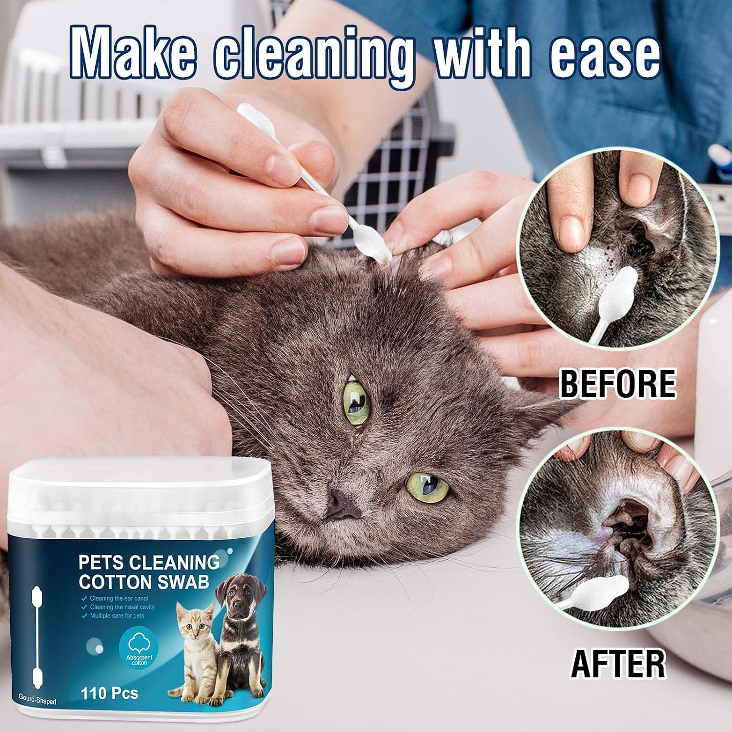 Pet grooming cotton buds in a convenient storage box