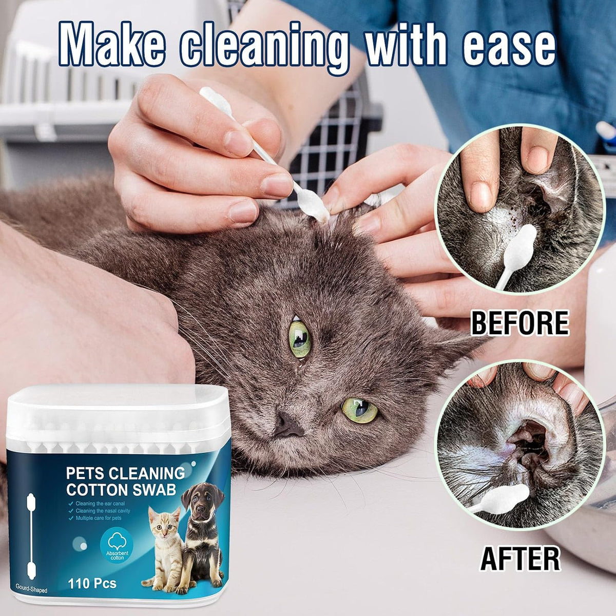 Pet grooming cotton buds in a convenient storage box