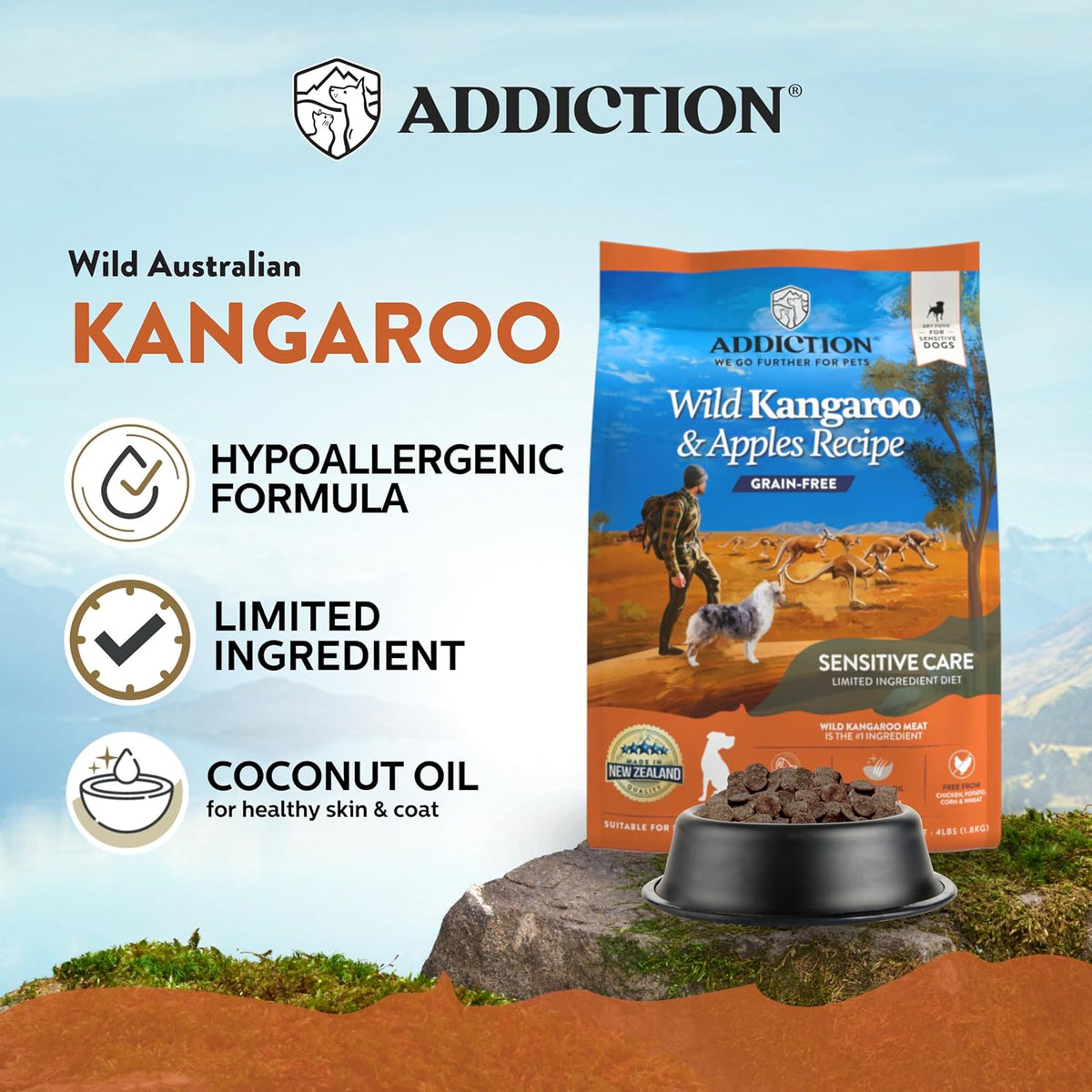 Addiction Outback Kangaroo Feast Air Dried Grain Free Dog Food packaging close up