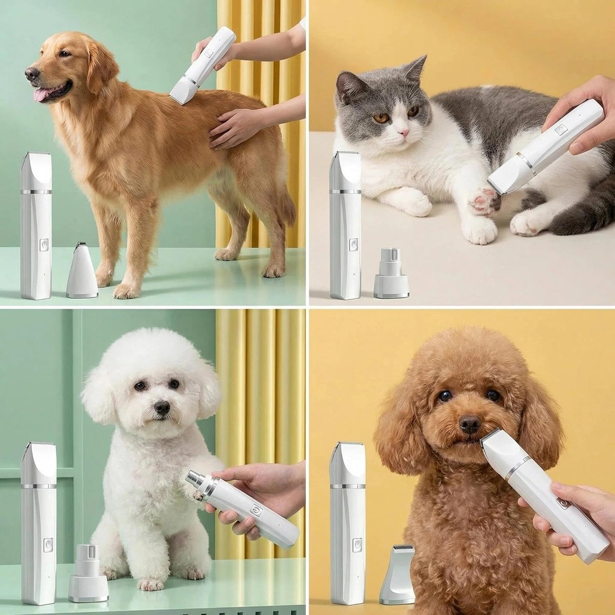 GenÃ©rico electric cat shaver machine being used gently around the facial area of a pet.