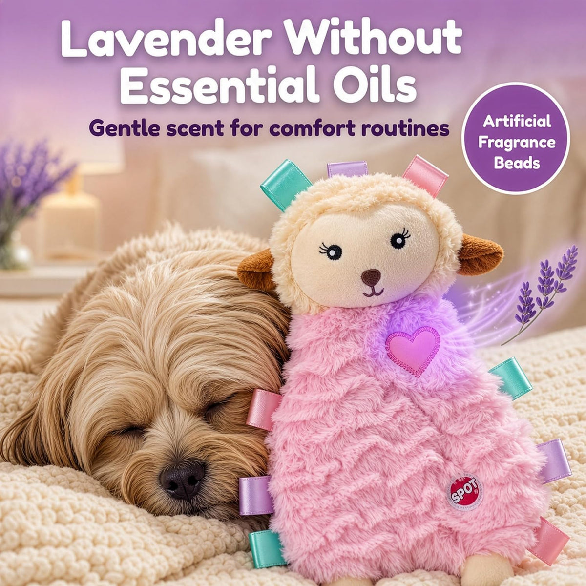 Side profile of Tabbie Lambie calming plush toy