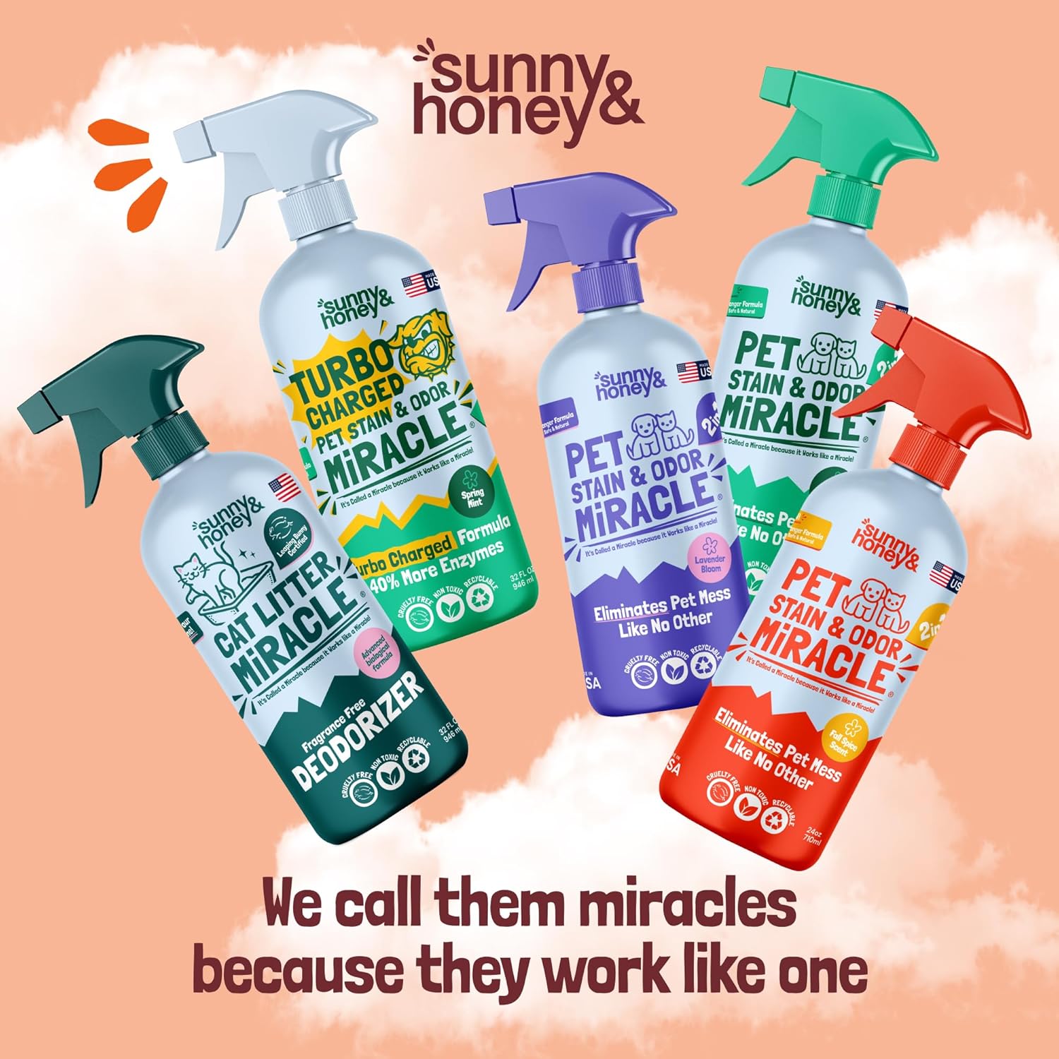 Sunny & Honey pet safe outdoor enzyme cleaner in a garden setting