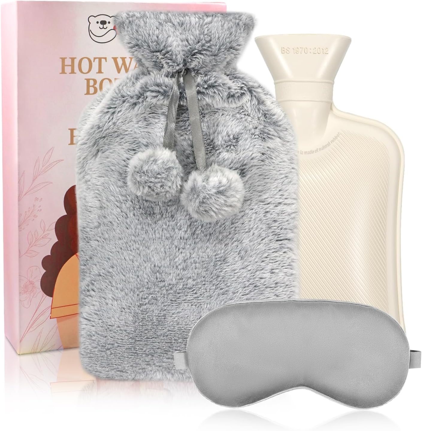My Novel Things Hot Water Bag Two Litre front view showing the plush gray faux fur cover with decorative pom-poms and leak-proof cap.