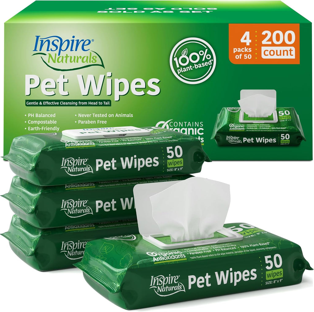 Inspire Naturals plant based pet wipes front view packaging for dogs and cats.