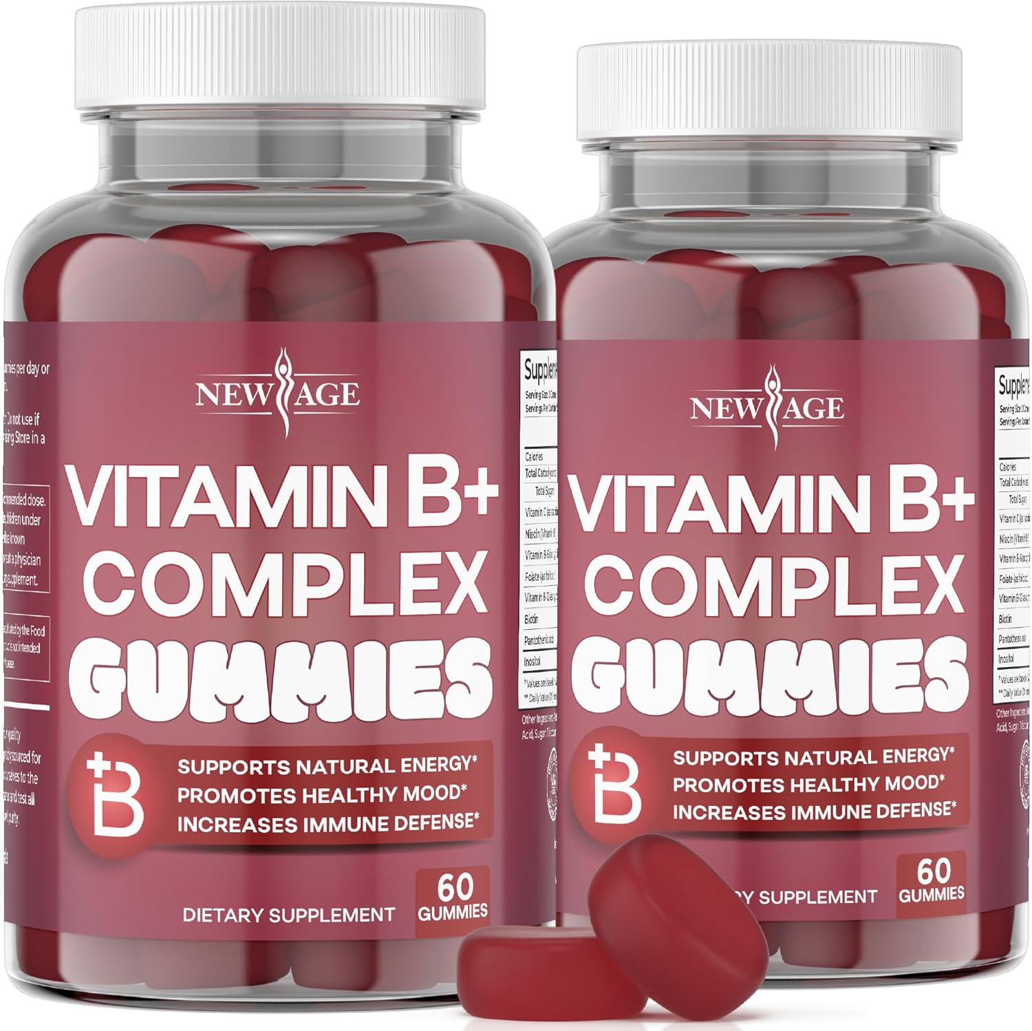 New Age Vitamin B Complex Gummies front view showing two pack containers for daily energy support