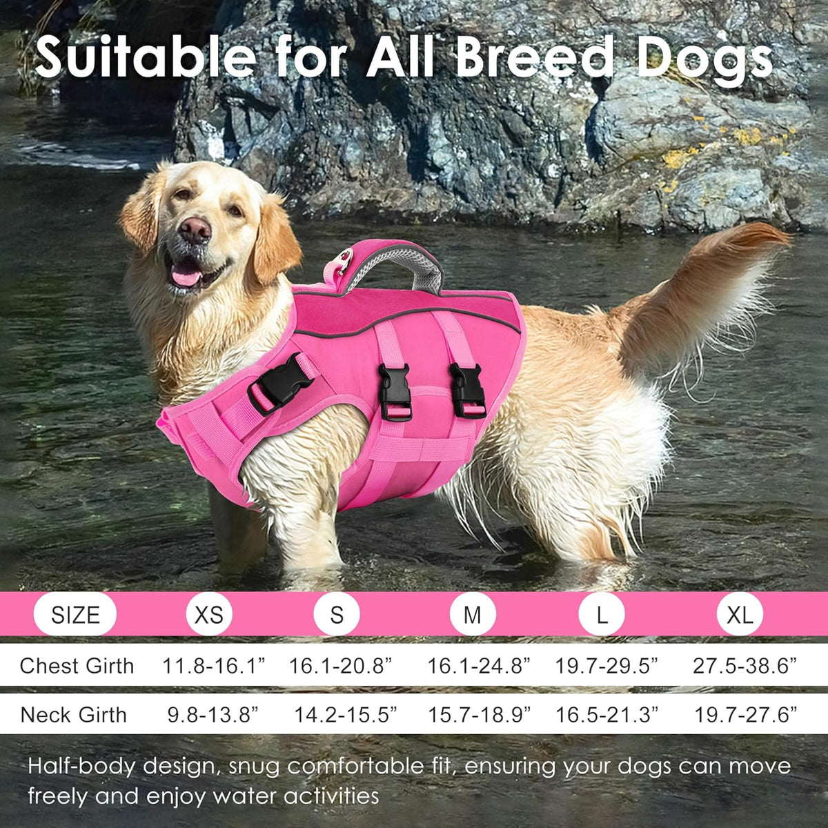 Pink water safety vest for small medium and large dogs boating