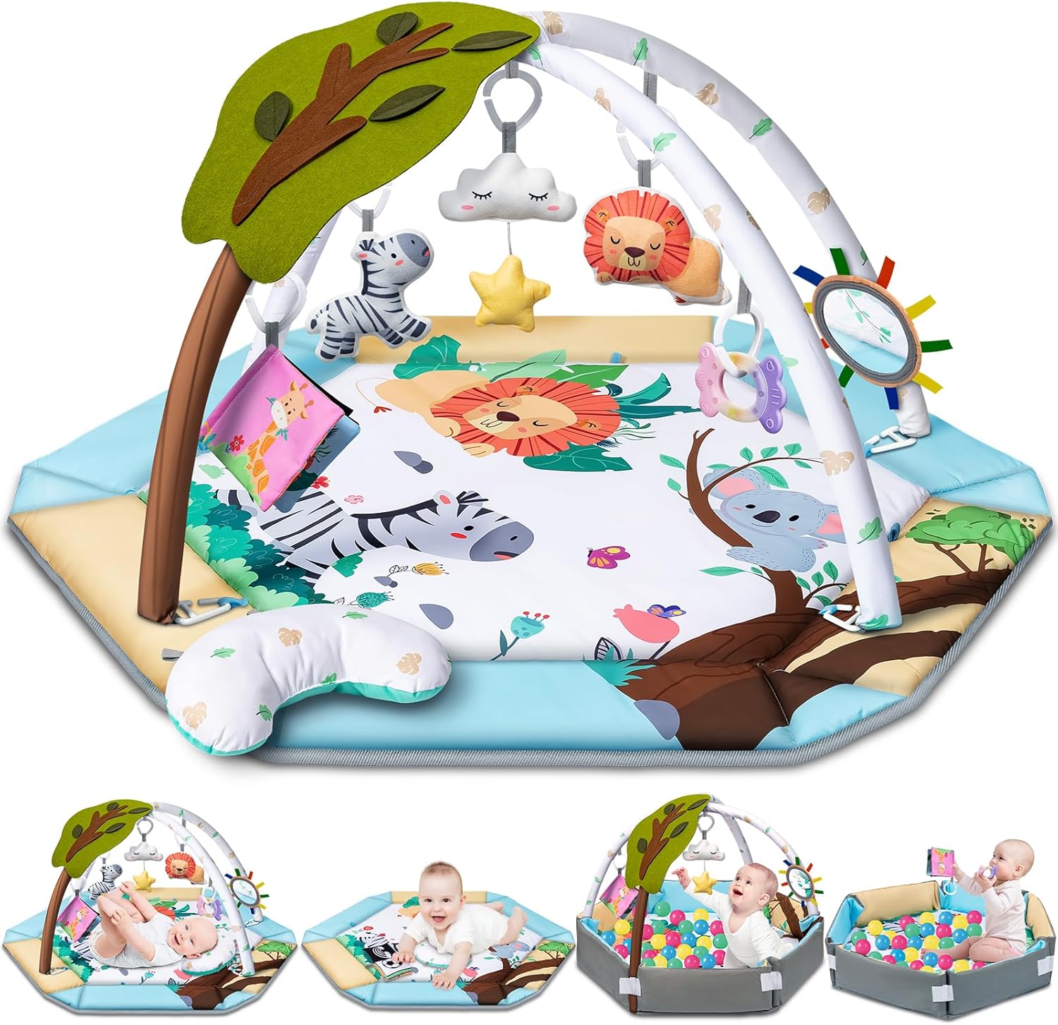 Jyusmile 8 in 1 baby gym play mat front view with forest theme.