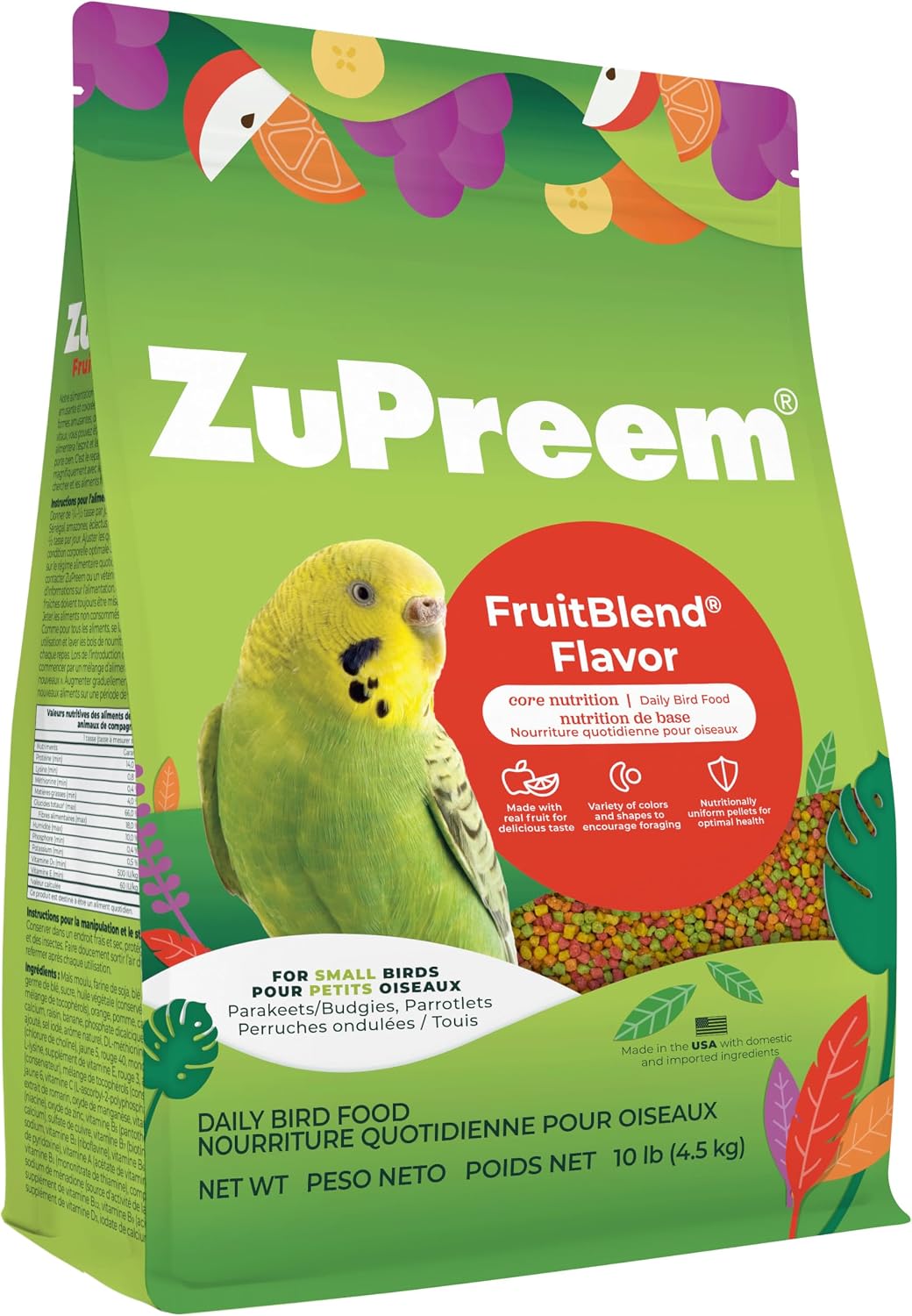 Healthy bird diet components including ZuPreem pellets and seeds