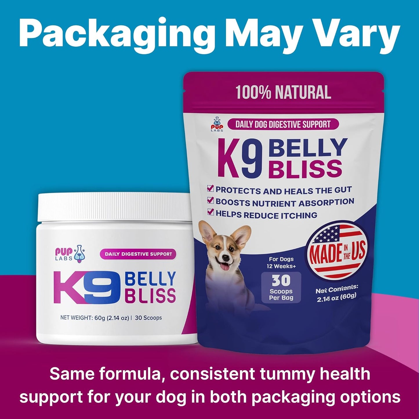 Pup Labs K9 Belly Bliss authentic USA imported canine digestive topper front display
