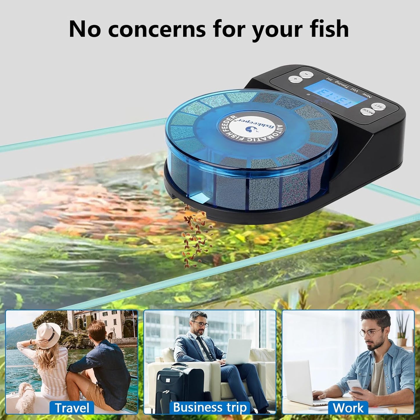 Fishkeeper multi compartment automatic feeder unboxed layout with all mounting accessories.