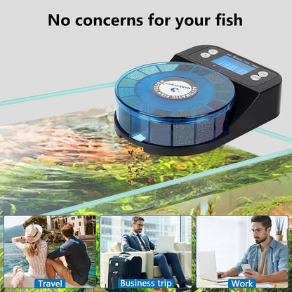 Fishkeeper multi compartment automatic feeder unboxed layout with all mounting accessories.