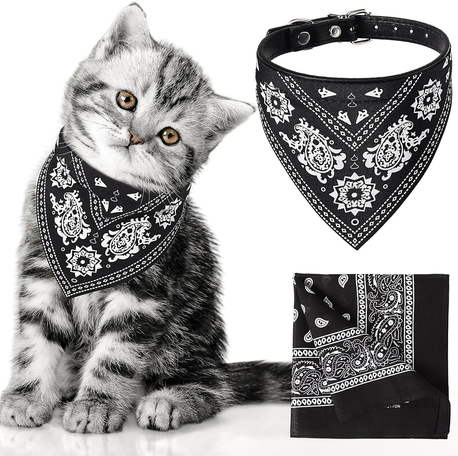 Chicingyou matching pet collar and owner bandana front view showing black paisley pattern