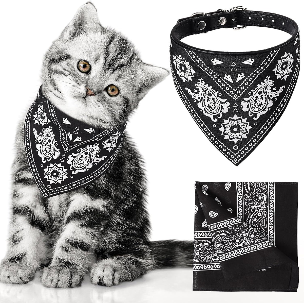 Chicingyou matching pet collar and owner bandana front view showing black paisley pattern