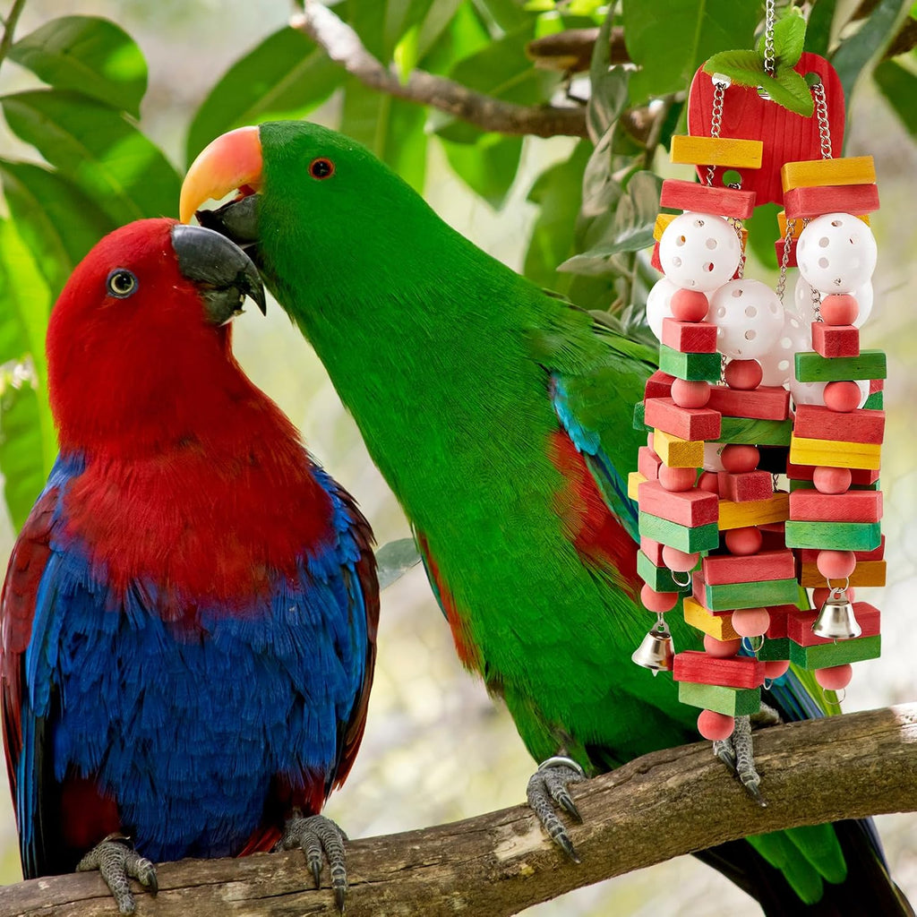 Full length view of the extra large natural wood parrot toy hanging inside an enclosure