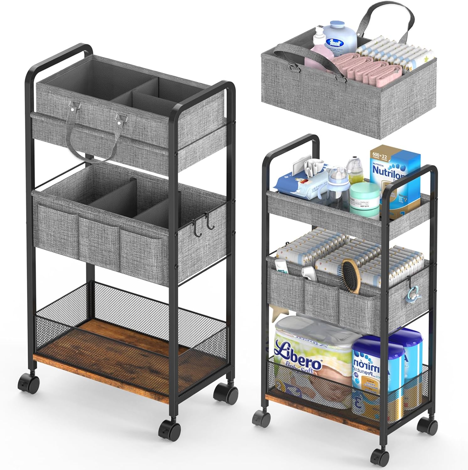 Lidtop 2in1 baby diaper caddy and 3-tier rolling cart front view