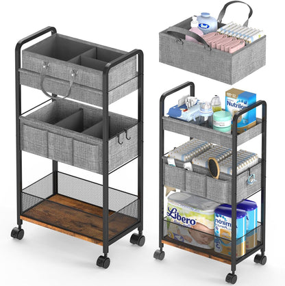 Lidtop 2in1 baby diaper caddy and 3-tier rolling cart front view