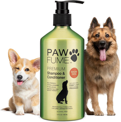 Paw Fume deshedding dog shampoo and conditioner show dog front view premium pet care packaging