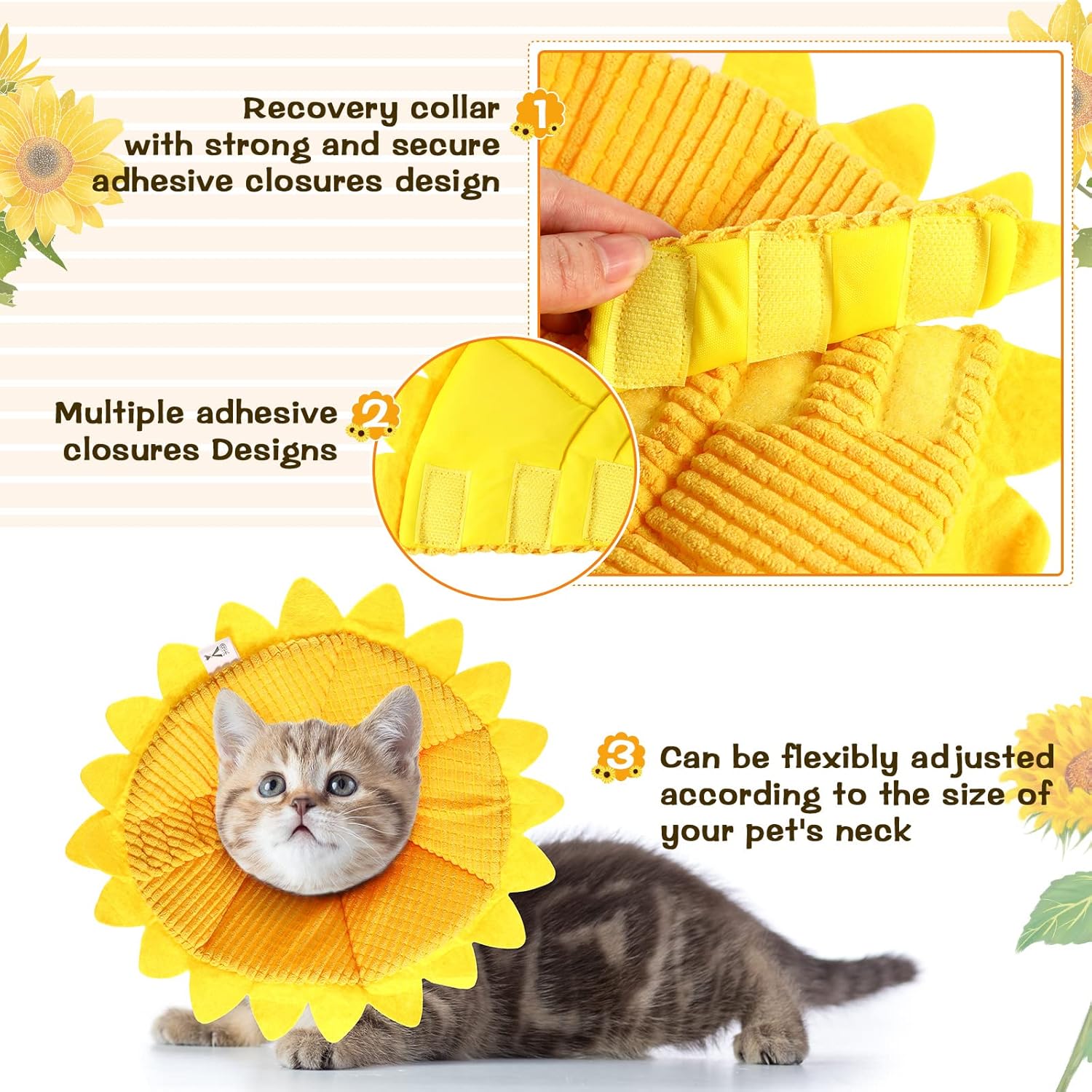 Side view of a cat eating comfortably while wearing a yellow sunflower collar