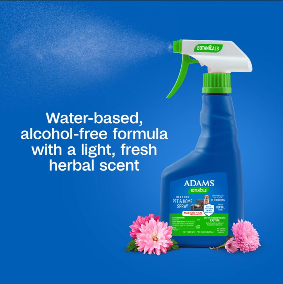 Authentic Adams 16 Ounce pest control spray bottle back view with ingredients