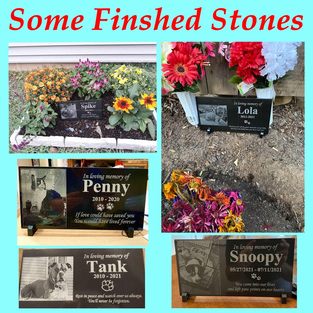Close up of laser engraved pet name and dates on granite stone