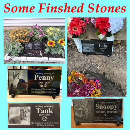 Close up of laser engraved pet name and dates on granite stone