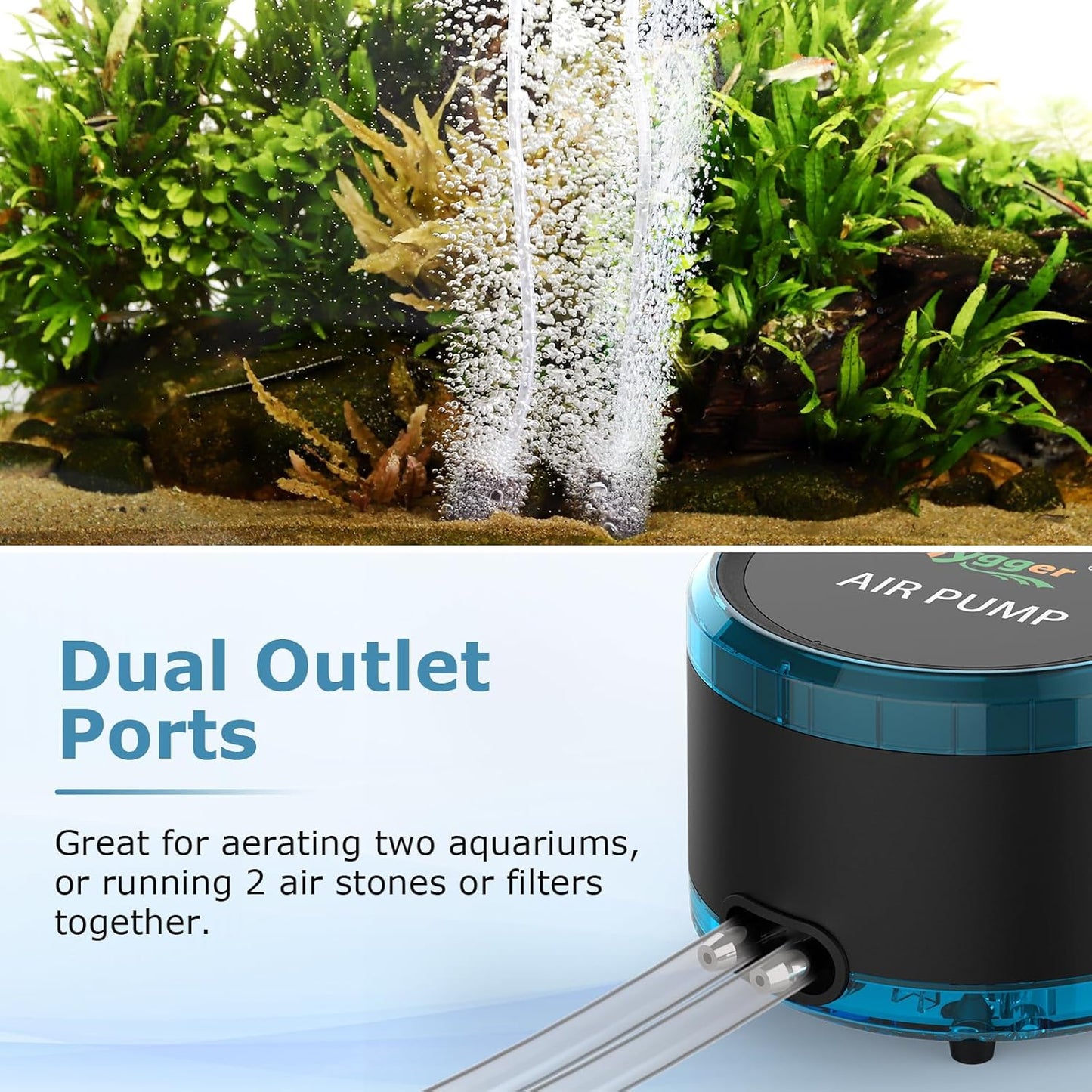Dual stainless steel outlets on Hygger oxygen pump