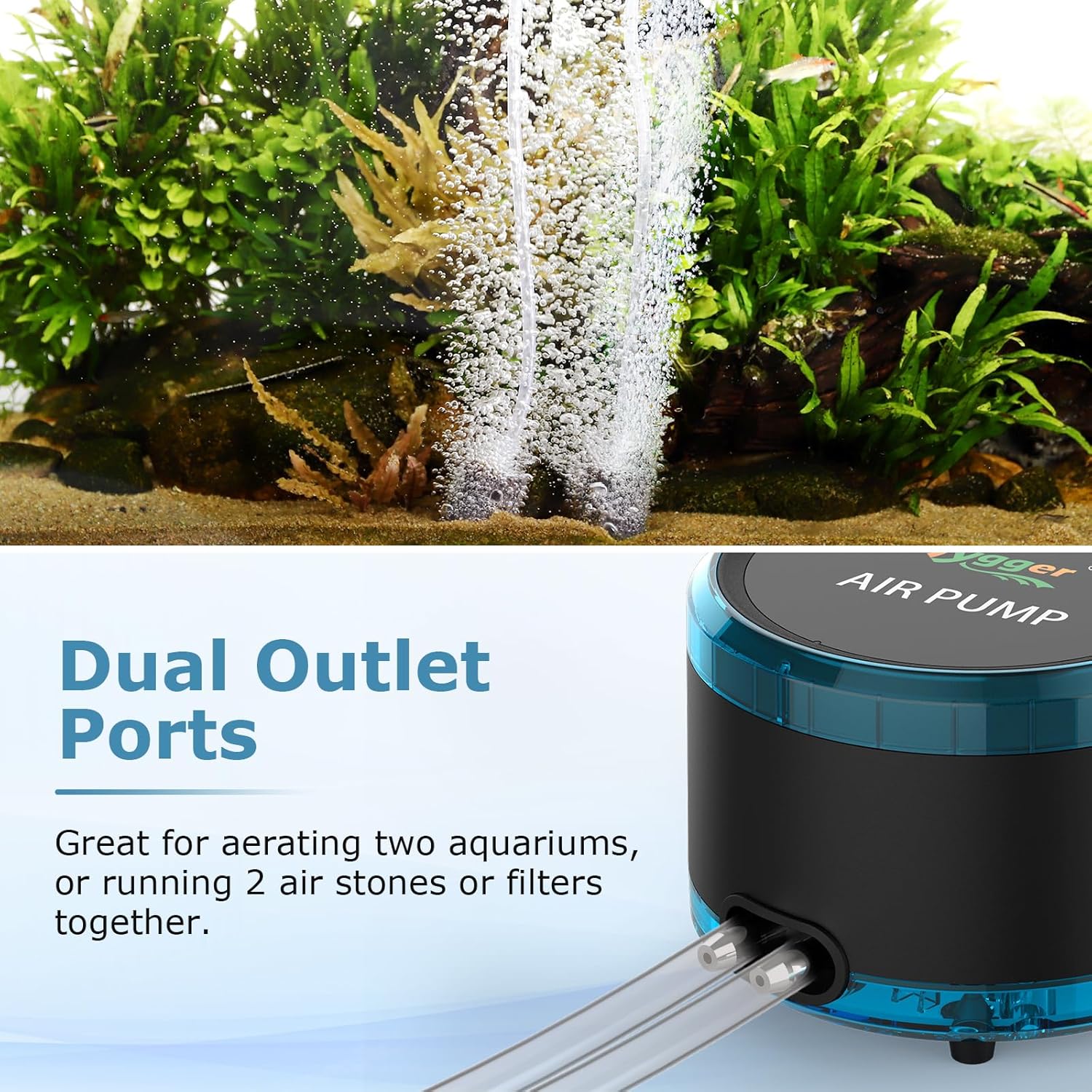 Dual stainless steel outlets on Hygger oxygen pump