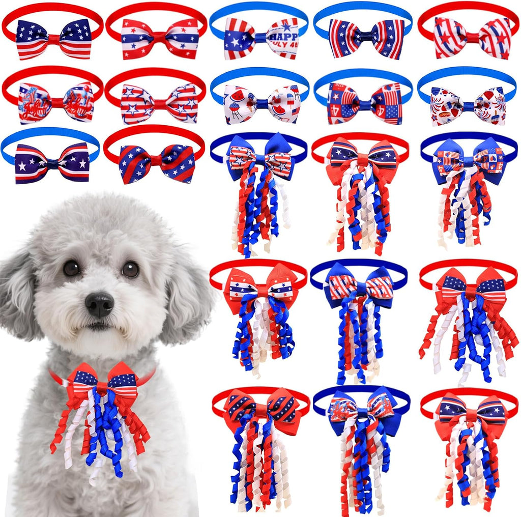 Weewooday 16 Pieces 4th of July Dog Bow Collars front view displaying vibrant patriotic designs.