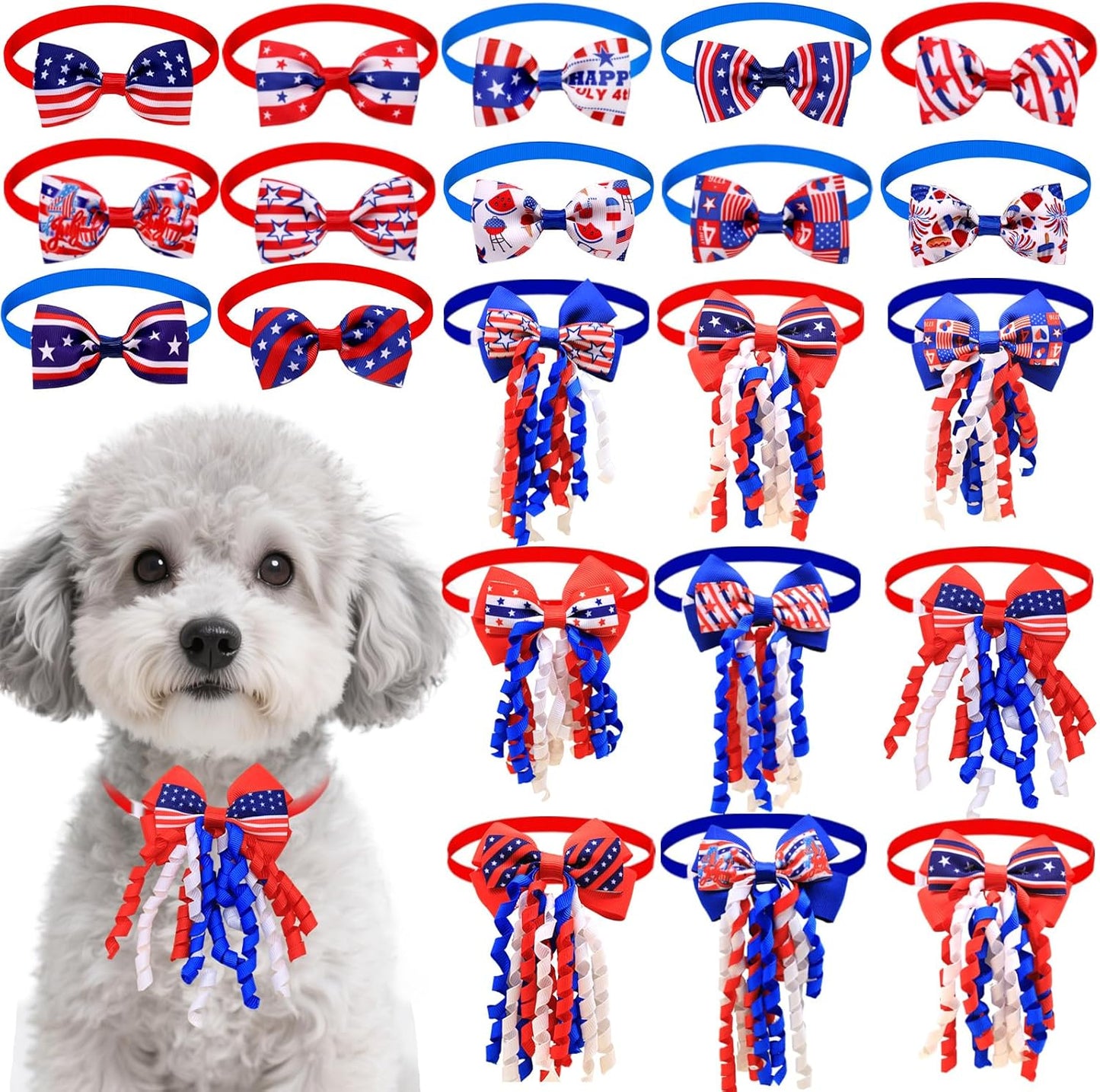Weewooday 16 Pieces 4th of July Dog Bow Collars front view displaying vibrant patriotic designs.