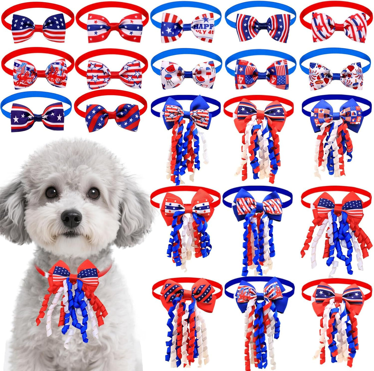Weewooday 16 Pieces 4th of July Dog Bow Collars front view displaying vibrant patriotic designs.