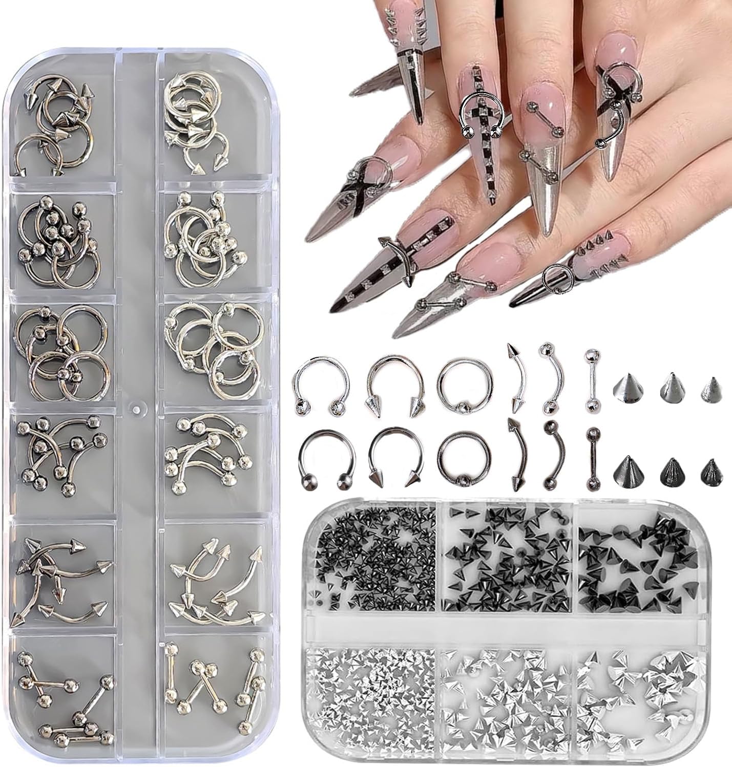 Kachimoo nail piercing charms set front view with black and silver studs