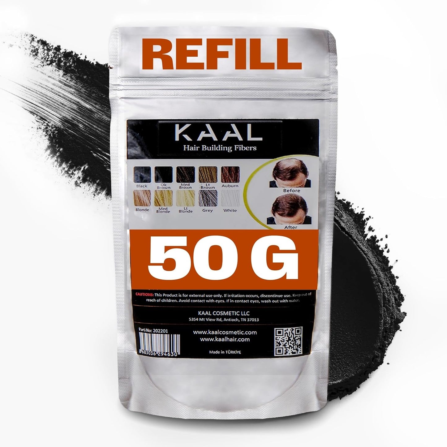 KAAL Hair Fiber Refill Pack Black front view showing authentic product packaging and shade indicator.
