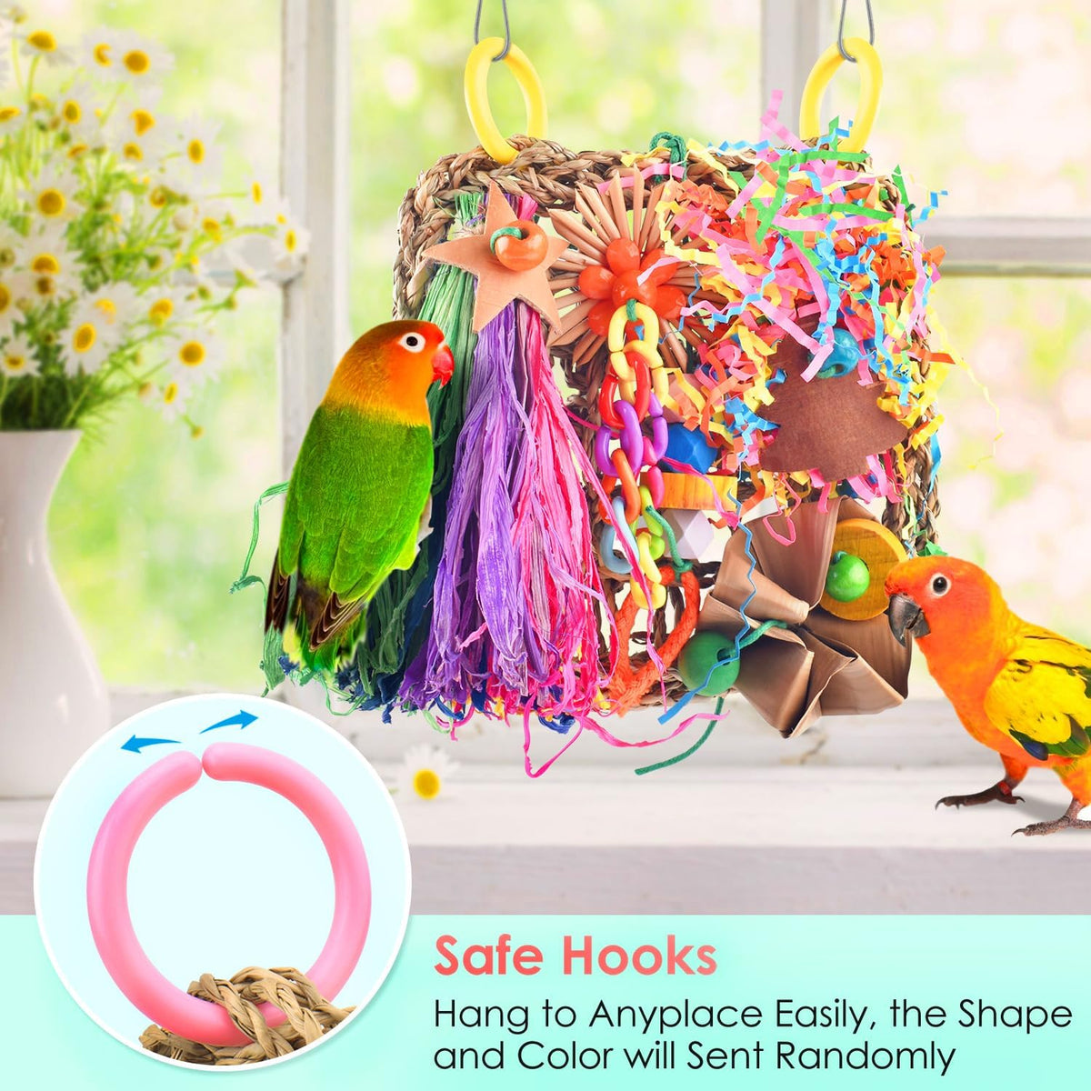 Cockatiel interacting with colorful wooden chew blocks on hanging mat