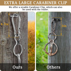 Close up view of the extra large carabiner clip connected to the safe horse trailer tie ring.