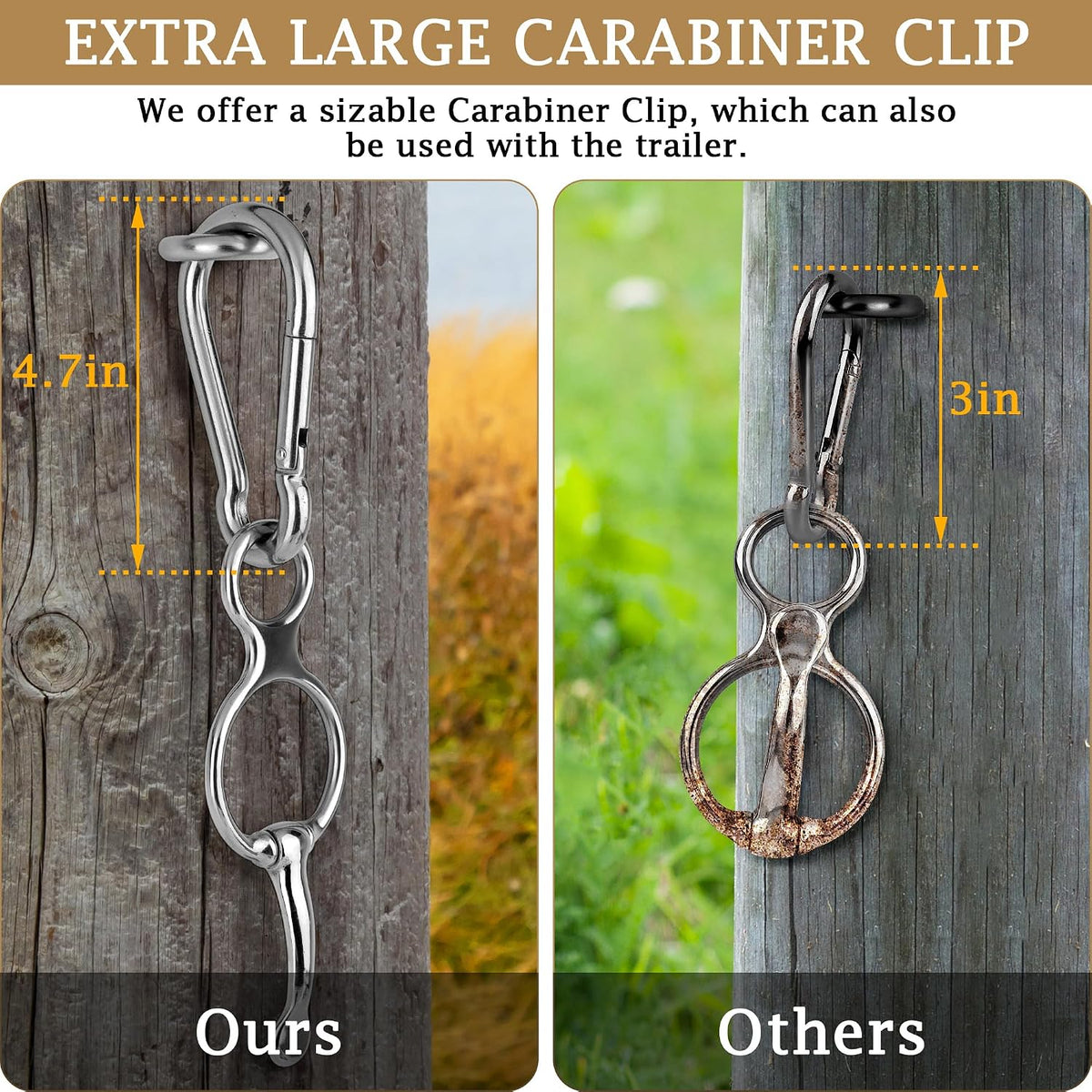 Close up view of the extra large carabiner clip connected to the safe horse trailer tie ring.