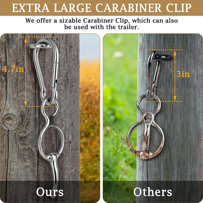 Close up view of the extra large carabiner clip connected to the safe horse trailer tie ring.