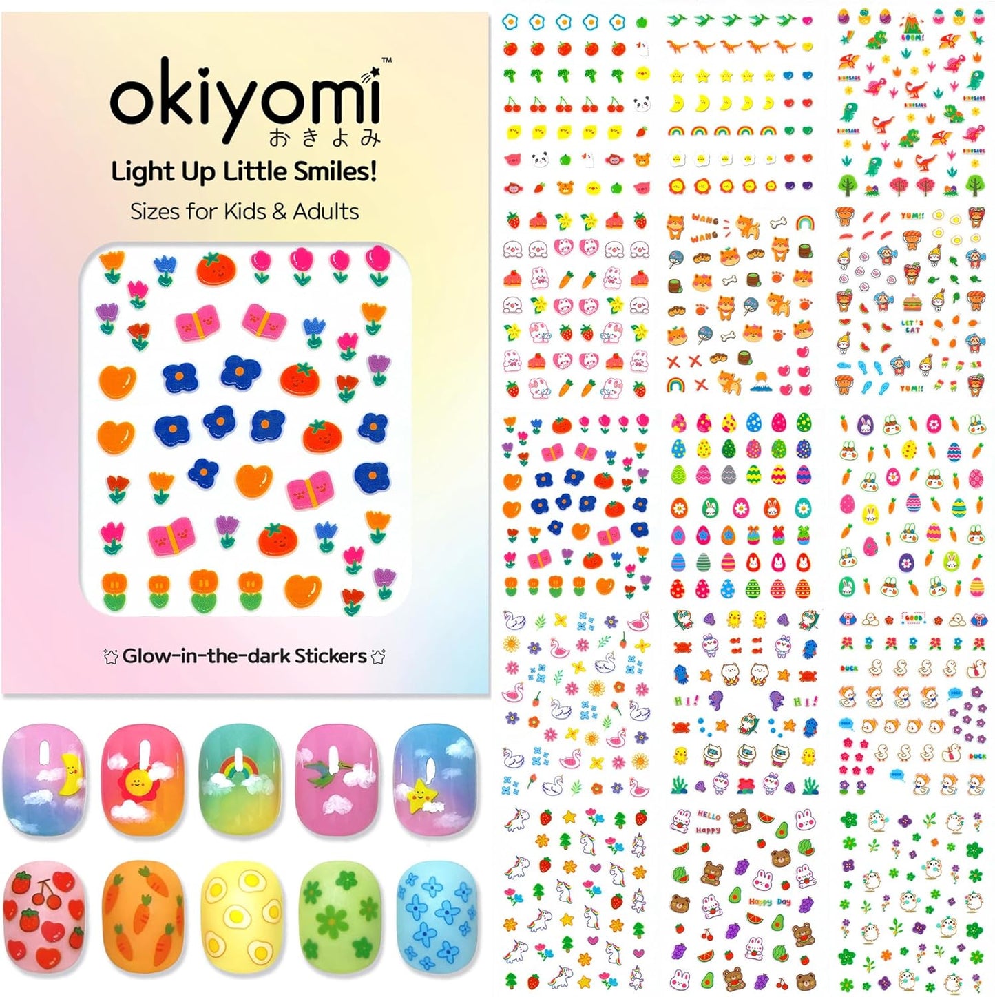 Okiyomi 15 sheets of glow in the dark nail stickers for kids front view
