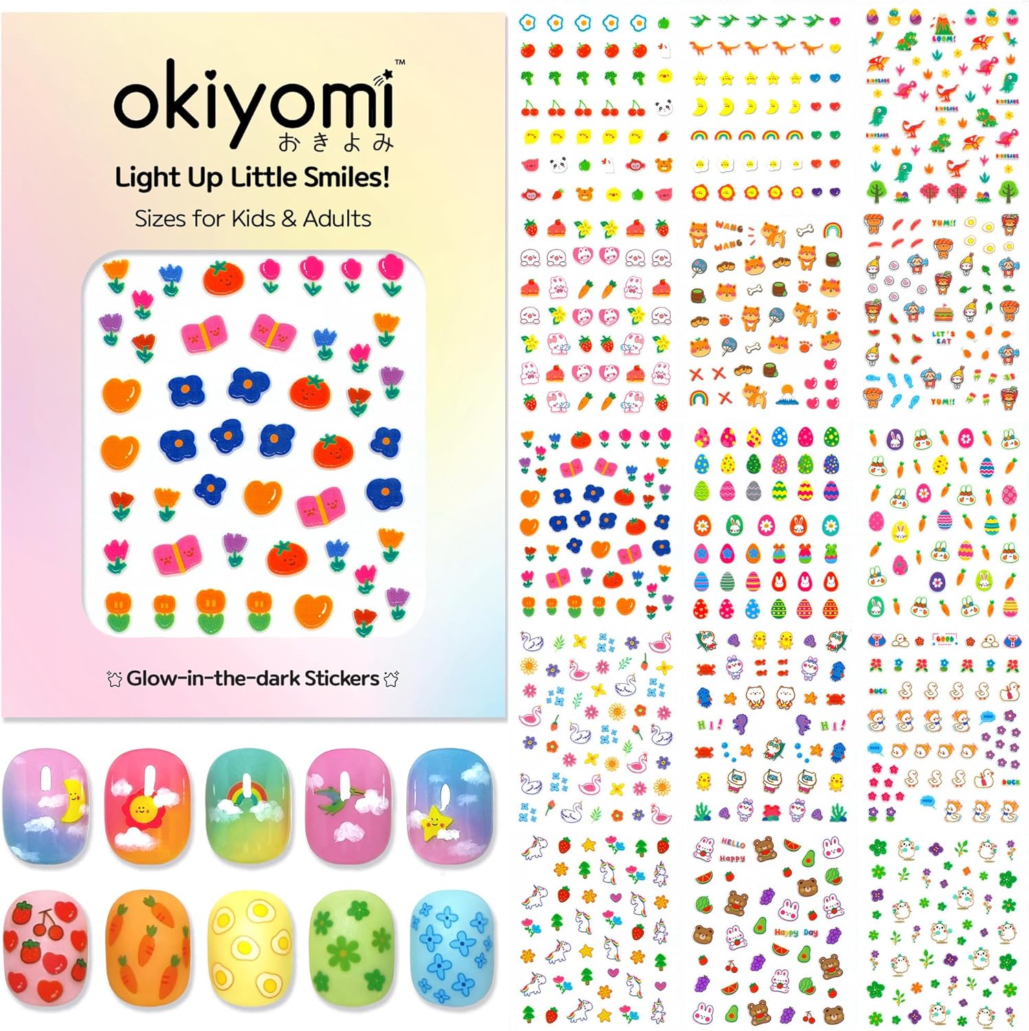 Okiyomi 15 sheets of glow in the dark nail stickers for kids front view