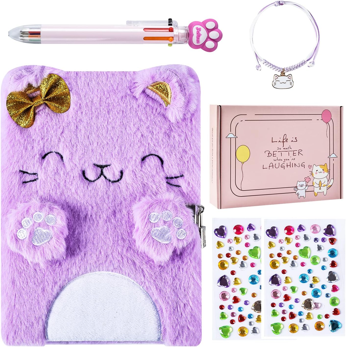 PJDRLLC plush cat diary with lock and keys front view