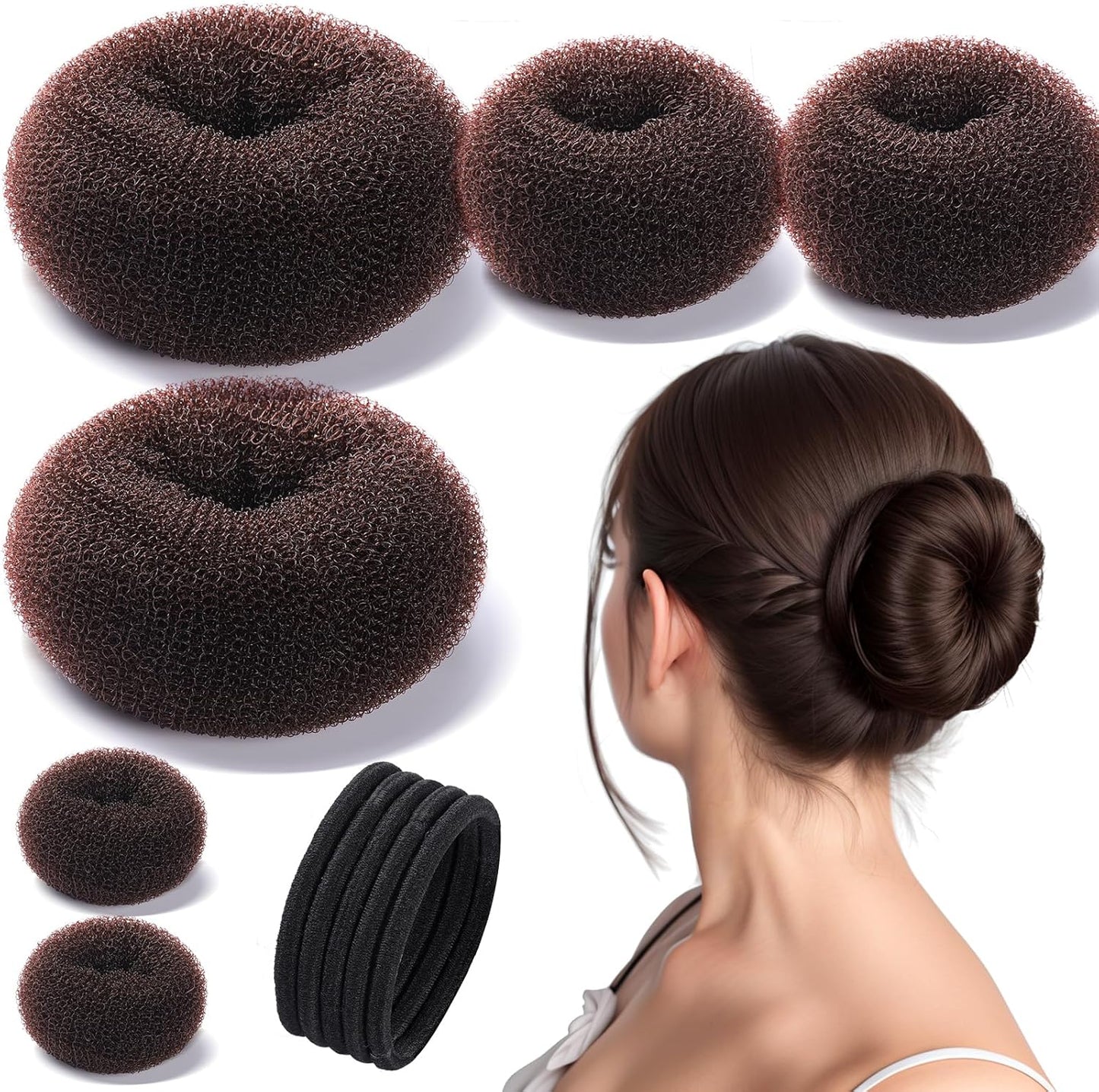 Teenitor donut hair bun maker set front view showing multiple sizes of dark brown mesh rings