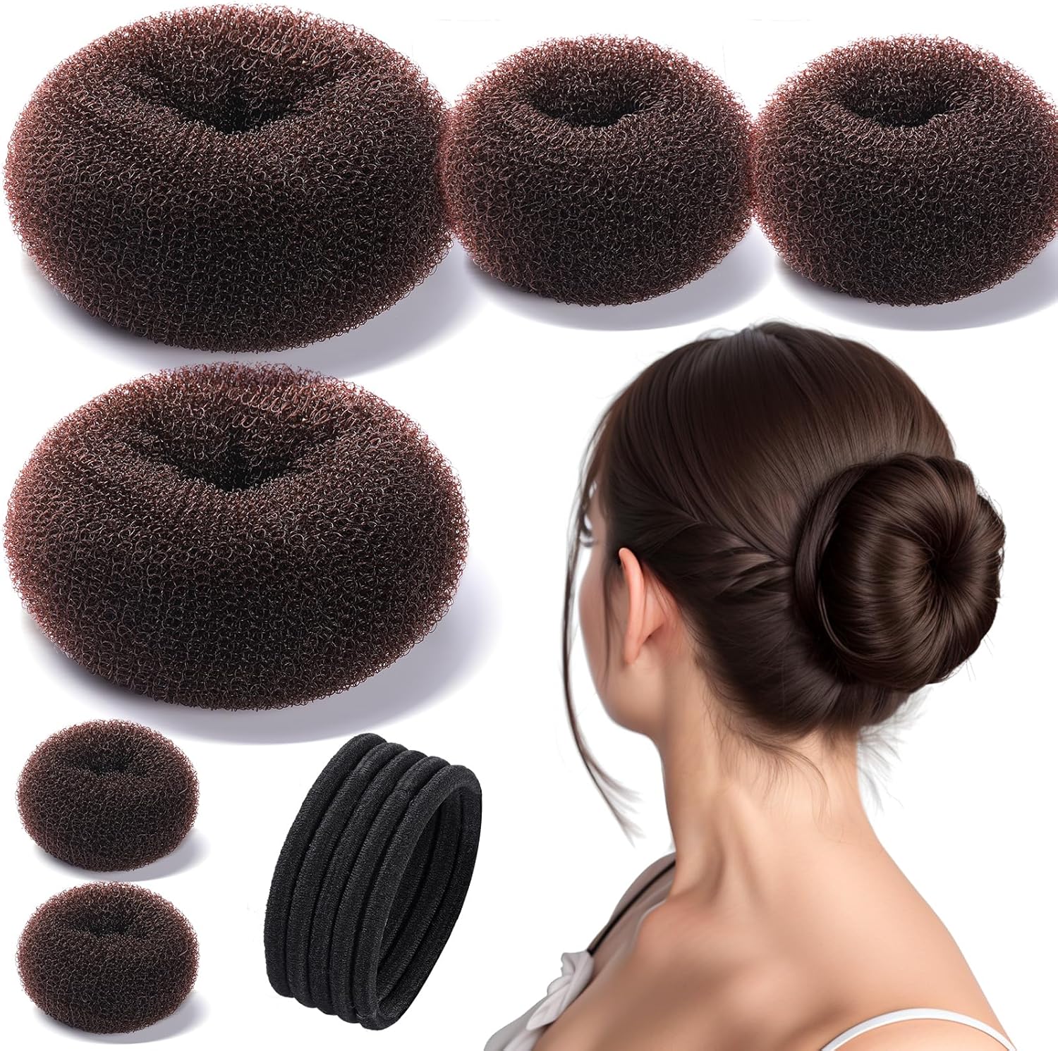 Teenitor donut hair bun maker set front view showing multiple sizes of dark brown mesh rings