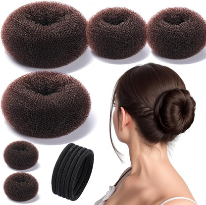 Teenitor donut hair bun maker set front view showing multiple sizes of dark brown mesh rings