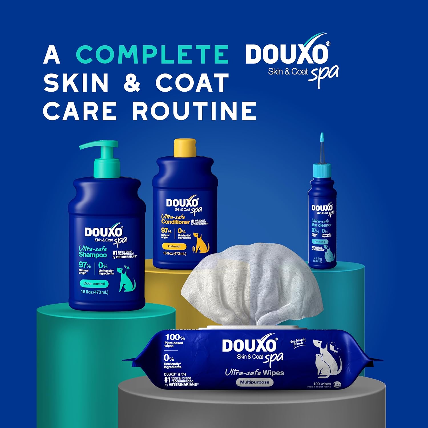 Douxo dog shampoo bottle on a clean background
