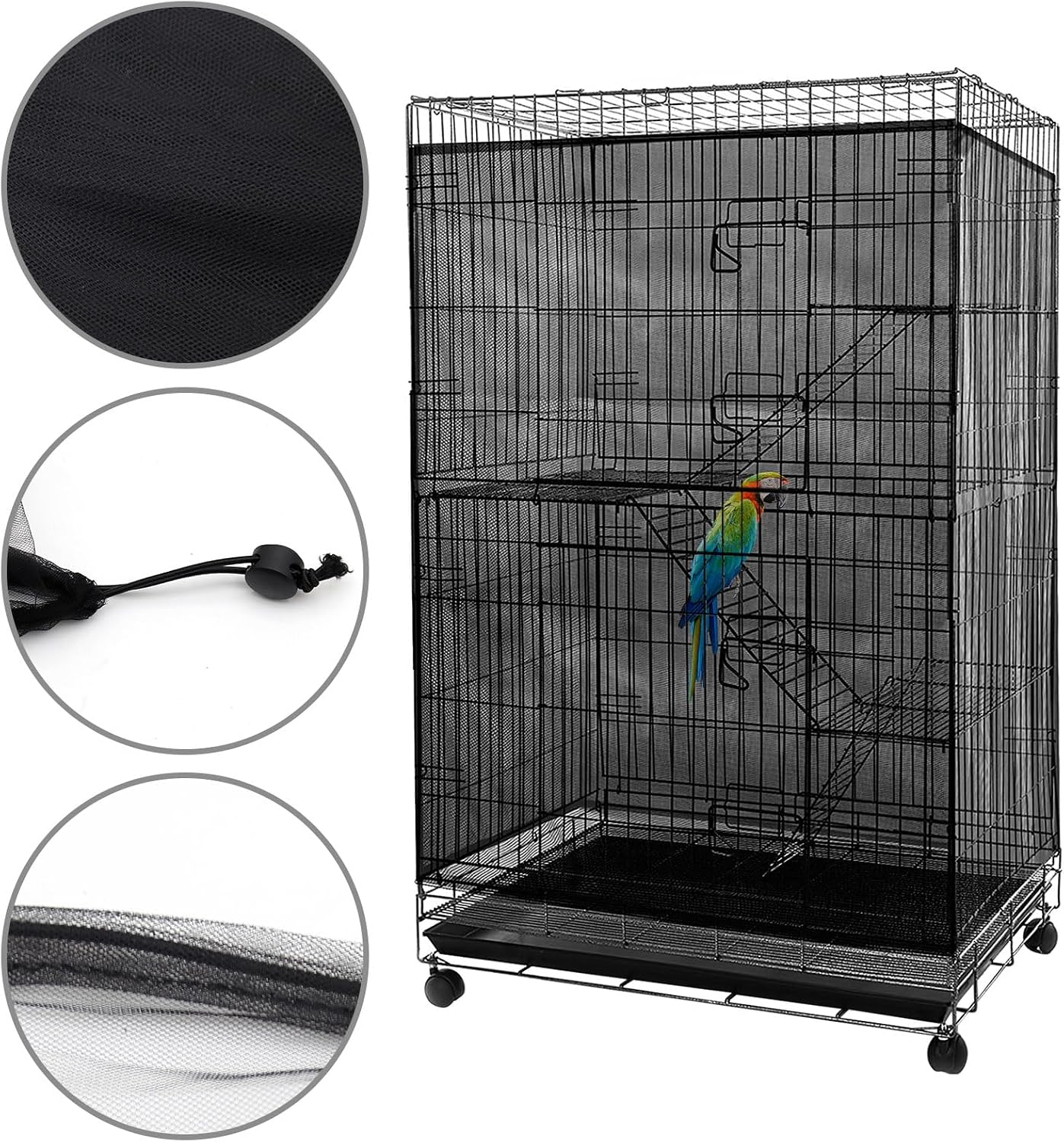 Black nylon mesh bird cage net cover close up on elastic drawstrings