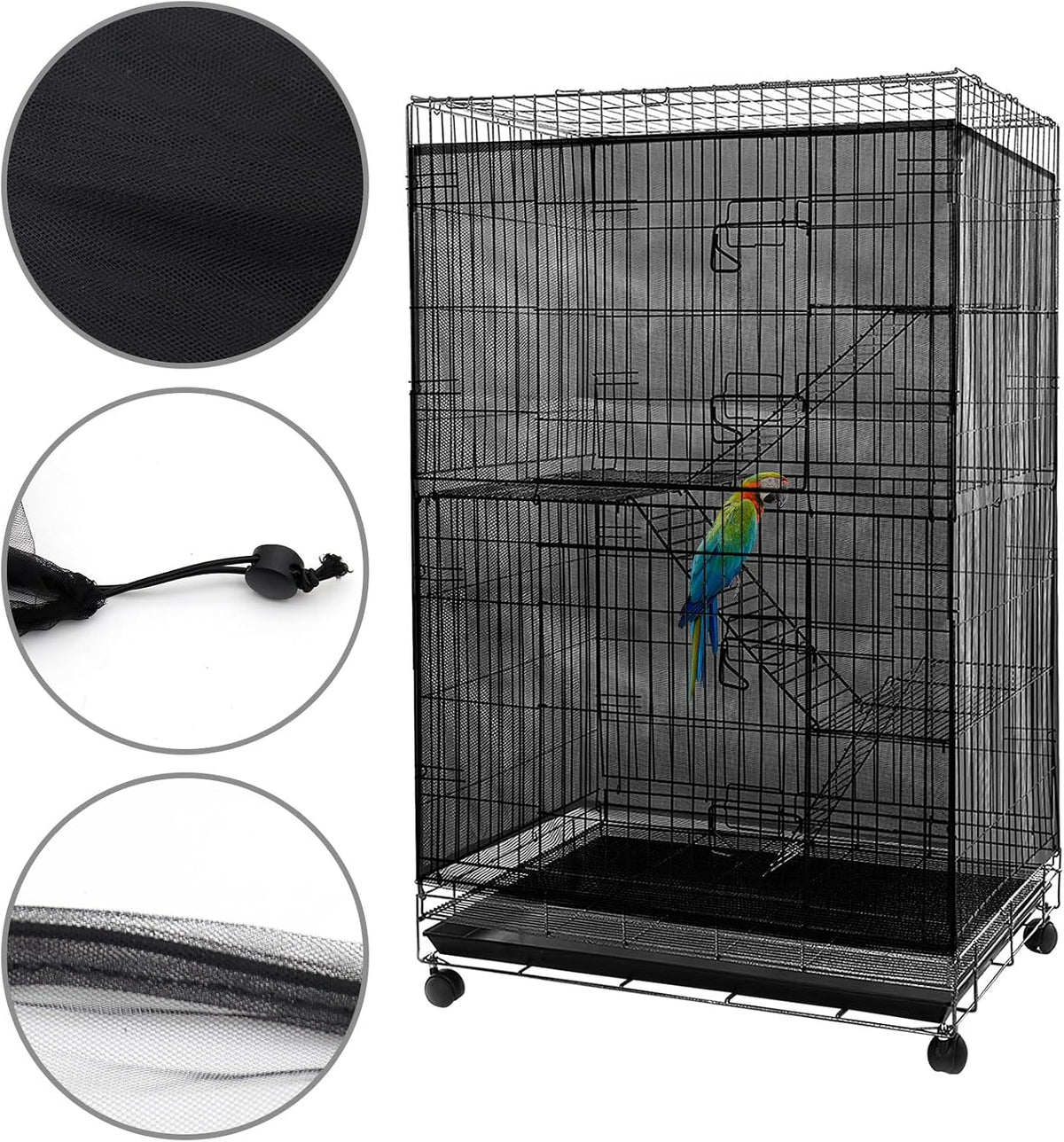Close-up detail of breathable black mesh netting and elastic drawstring guard for bird cages